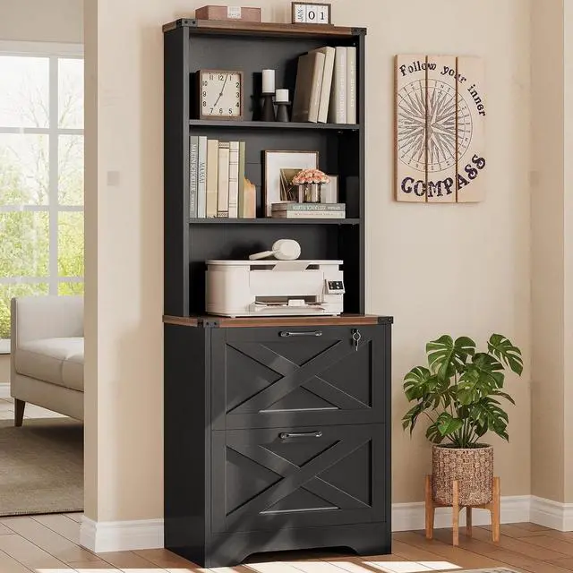 Main image of 2 Drawer File Cabinet with Lock, Wood Filing Cabinet fits Letter, Legal, A4 Size, Hanging File Folders, Farmhouse File Cabinets for Home Office with Adjustable Storage Shelf (Black)