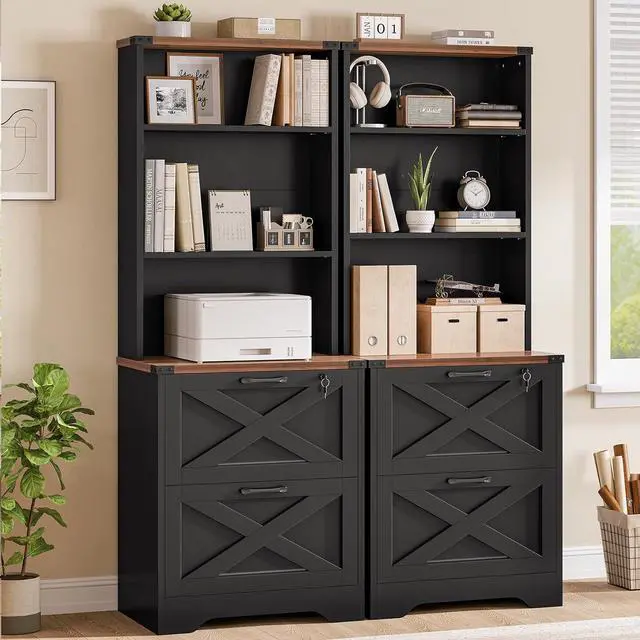 Alt view image 3 of 7 - 2 Drawer File Cabinet with Lock, Wood Filing Cabinet fits Letter, Legal, A4 Size, Hanging File Folders, Farmhouse File Cabinets for Home Office with Adjustable Storage Shelf (Black)