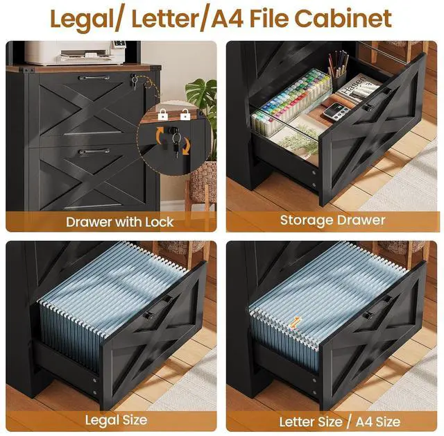 Alt view image 4 of 7 - 2 Drawer File Cabinet with Lock, Wood Filing Cabinet fits Letter, Legal, A4 Size, Hanging File Folders, Farmhouse File Cabinets for Home Office with Adjustable Storage Shelf (Black)