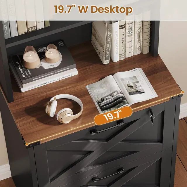 Alt view image 5 of 7 - 2 Drawer File Cabinet with Lock, Wood Filing Cabinet fits Letter, Legal, A4 Size, Hanging File Folders, Farmhouse File Cabinets for Home Office with Adjustable Storage Shelf (Black)