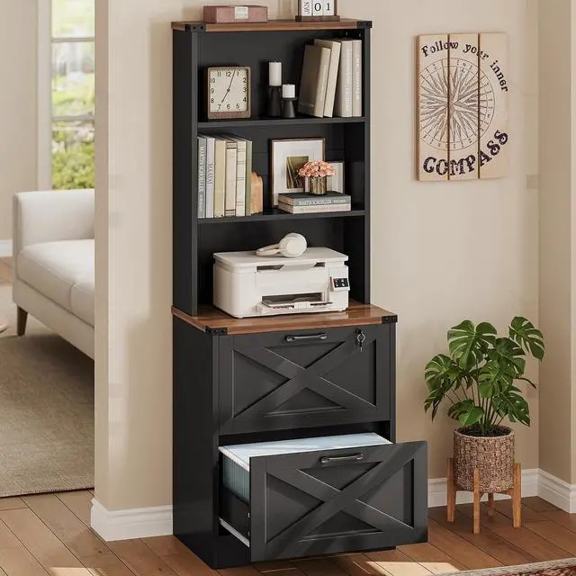 Alt view image 7 of 7 - 2 Drawer File Cabinet with Lock, Wood Filing Cabinet fits Letter, Legal, A4 Size, Hanging File Folders, Farmhouse File Cabinets for Home Office with Adjustable Storage Shelf (Black)