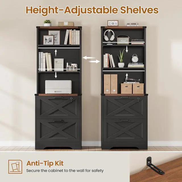 Alt view image 6 of 7 - 2 Drawer File Cabinet with Lock, Wood Filing Cabinet fits Letter, Legal, A4 Size, Hanging File Folders, Farmhouse File Cabinets for Home Office with Adjustable Storage Shelf (Black)