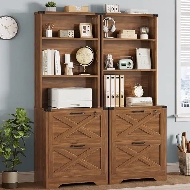 Alt view image 3 of 7 - 2 Drawer File Cabinet with Lock, Wood Filing Cabinet fits Letter, Legal, A4 Size, Hanging File Folders, Farmhouse File Cabinets for Home Office with Adjustable Storage Shelf (Brown)