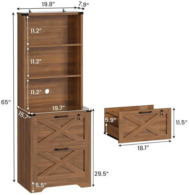 Alt view image 2 of 7 - 2 Drawer File Cabinet with Lock, Wood Filing Cabinet fits Letter, Legal, A4 Size, Hanging File Folders, Farmhouse File Cabinets for Home Office with Adjustable Storage Shelf (Brown)