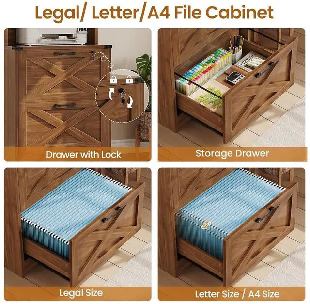 Alt view image 4 of 7 - 2 Drawer File Cabinet with Lock, Wood Filing Cabinet fits Letter, Legal, A4 Size, Hanging File Folders, Farmhouse File Cabinets for Home Office with Adjustable Storage Shelf (Brown)
