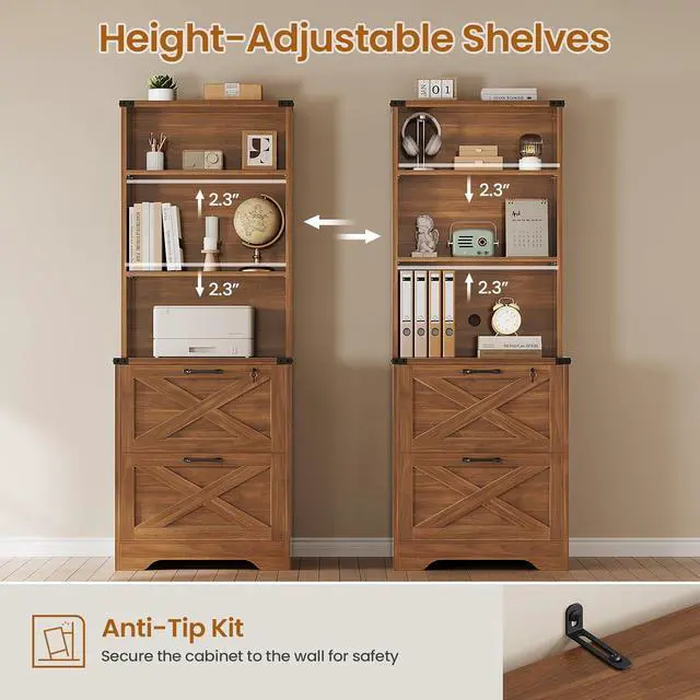 Alt view image 5 of 7 - 2 Drawer File Cabinet with Lock, Wood Filing Cabinet fits Letter, Legal, A4 Size, Hanging File Folders, Farmhouse File Cabinets for Home Office with Adjustable Storage Shelf (Brown)