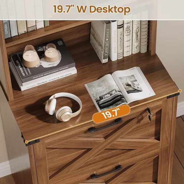 Alt view image 6 of 7 - 2 Drawer File Cabinet with Lock, Wood Filing Cabinet fits Letter, Legal, A4 Size, Hanging File Folders, Farmhouse File Cabinets for Home Office with Adjustable Storage Shelf (Brown)