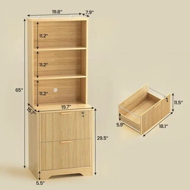 Alt view image 2 of 7 - 2 Drawer File Cabinet with Lock, Wood Filing Cabinet fits Letter, Legal, A4 Size, Hanging File Folders, Farmhouse File Cabinets for Home Office with Adjustable Storage Shelf, Natural Oak