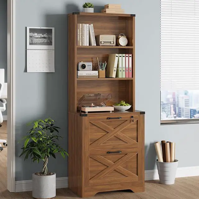 Alt view image 7 of 7 - 2 Drawer File Cabinet with Lock, Wood Filing Cabinet fits Letter, Legal, A4 Size, Hanging File Folders, Farmhouse File Cabinets for Home Office with Adjustable Storage Shelf (Brown)