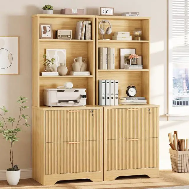 Alt view image 3 of 7 - 2 Drawer File Cabinet with Lock, Wood Filing Cabinet fits Letter, Legal, A4 Size, Hanging File Folders, Farmhouse File Cabinets for Home Office with Adjustable Storage Shelf, Natural Oak