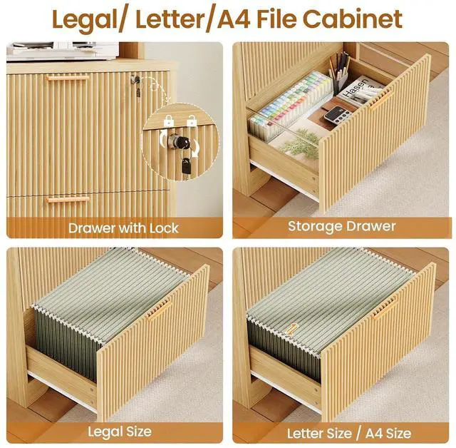 Alt view image 4 of 7 - 2 Drawer File Cabinet with Lock, Wood Filing Cabinet fits Letter, Legal, A4 Size, Hanging File Folders, Farmhouse File Cabinets for Home Office with Adjustable Storage Shelf, Natural Oak