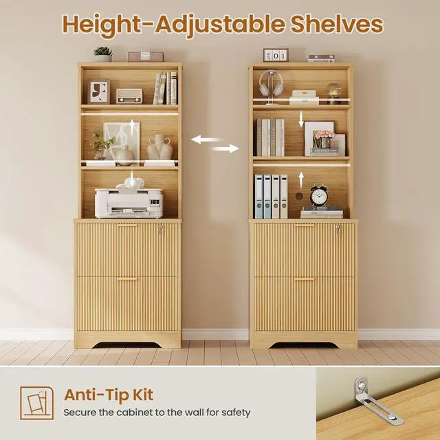 Alt view image 5 of 7 - 2 Drawer File Cabinet with Lock, Wood Filing Cabinet fits Letter, Legal, A4 Size, Hanging File Folders, Farmhouse File Cabinets for Home Office with Adjustable Storage Shelf, Natural Oak