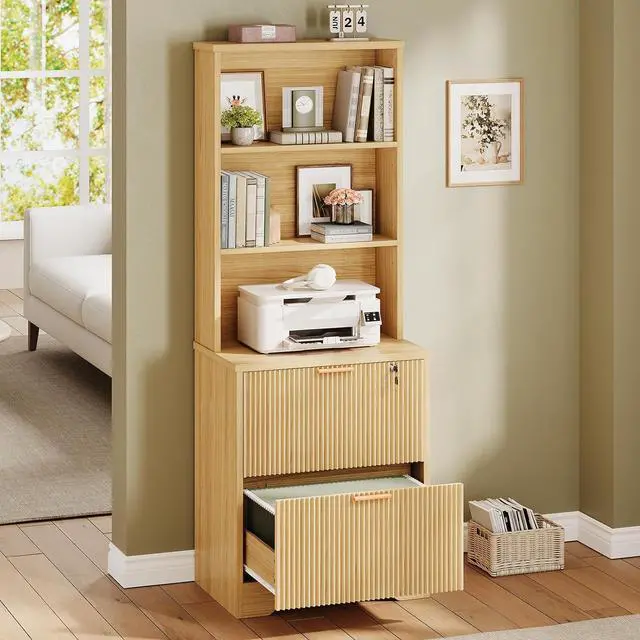 Alt view image 7 of 7 - 2 Drawer File Cabinet with Lock, Wood Filing Cabinet fits Letter, Legal, A4 Size, Hanging File Folders, Farmhouse File Cabinets for Home Office with Adjustable Storage Shelf, Natural Oak