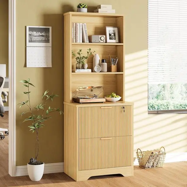 Alt view image 6 of 7 - 2 Drawer File Cabinet with Lock, Wood Filing Cabinet fits Letter, Legal, A4 Size, Hanging File Folders, Farmhouse File Cabinets for Home Office with Adjustable Storage Shelf, Natural Oak
