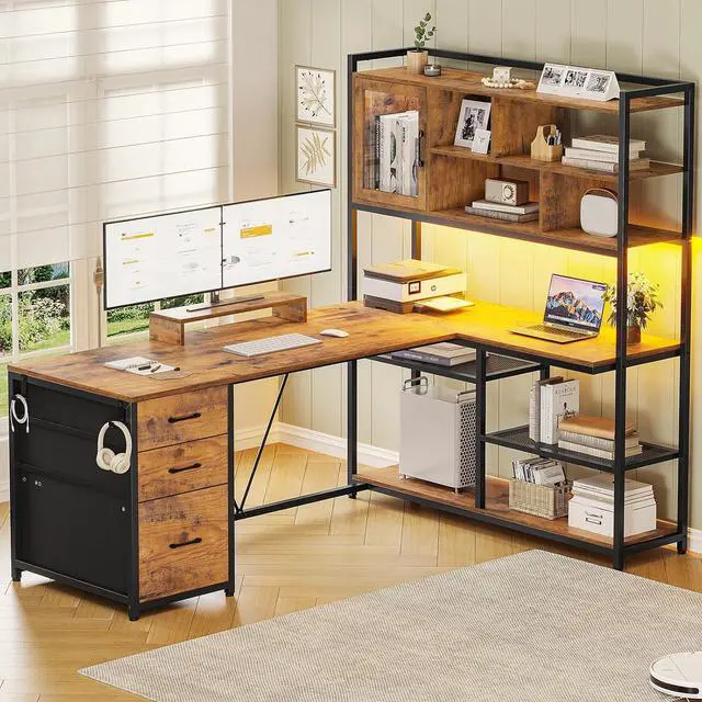 Main image of L Shaped Computer Desk, 58'' Office Desk with 3 Drawers and Bookshelf, L Shaped Corner Desk with Storage Shelves and LED Light for Home Office, Gaming Desk, L Desk, Rustic Brown