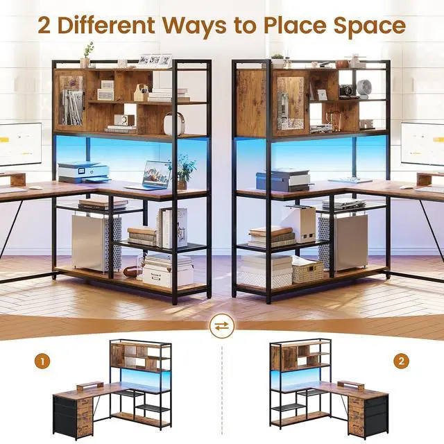 Alt view image 3 of 7 - L Shaped Computer Desk, 58'' Office Desk with 3 Drawers and Bookshelf, L Shaped Corner Desk with Storage Shelves and LED Light for Home Office, Gaming Desk, L Desk, Rustic Brown