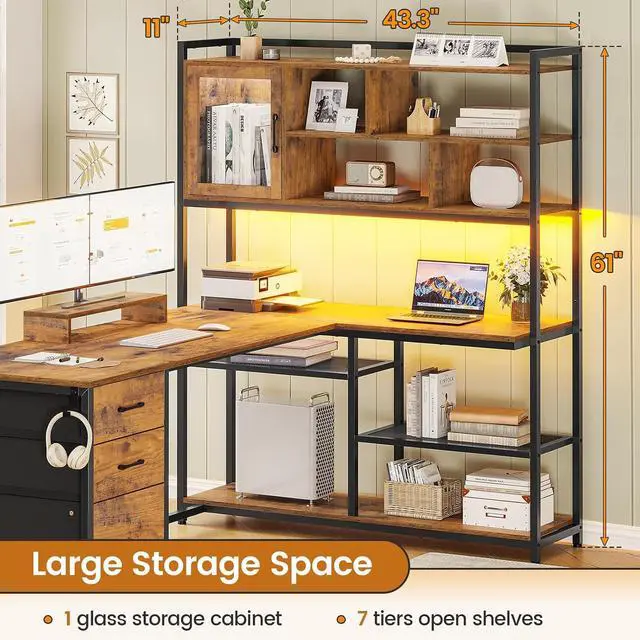 Alt view image 2 of 7 - L Shaped Computer Desk, 58'' Office Desk with 3 Drawers and Bookshelf, L Shaped Corner Desk with Storage Shelves and LED Light for Home Office, Gaming Desk, L Desk, Rustic Brown
