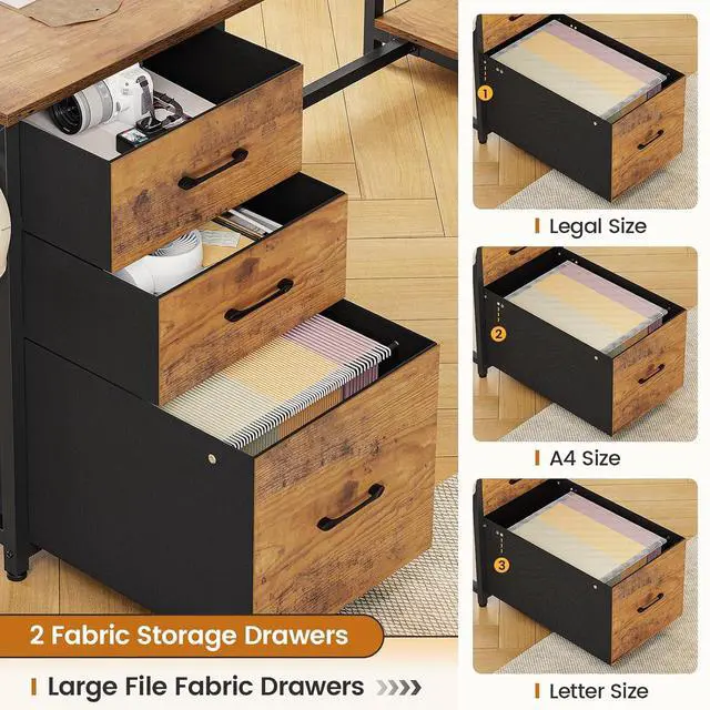 Alt view image 4 of 7 - L Shaped Computer Desk, 58'' Office Desk with 3 Drawers and Bookshelf, L Shaped Corner Desk with Storage Shelves and LED Light for Home Office, Gaming Desk, L Desk, Rustic Brown