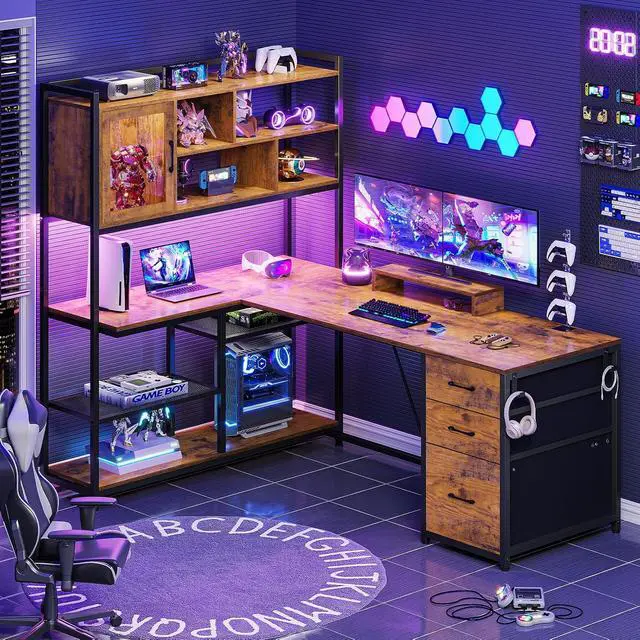 Alt view image 6 of 7 - L Shaped Computer Desk, 58'' Office Desk with 3 Drawers and Bookshelf, L Shaped Corner Desk with Storage Shelves and LED Light for Home Office, Gaming Desk, L Desk, Rustic Brown