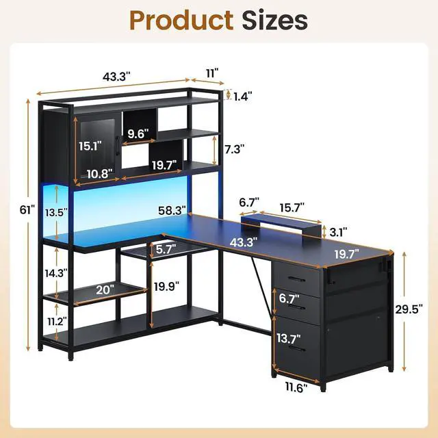 Alt view image 2 of 7 - L Shaped Computer Desk, 58'' Office Desk with 3 Drawers and Bookshelf, L Shaped Corner Desk with Storage Shelves and LED Light for Home Office, Gaming Desk, L Desk, Black
