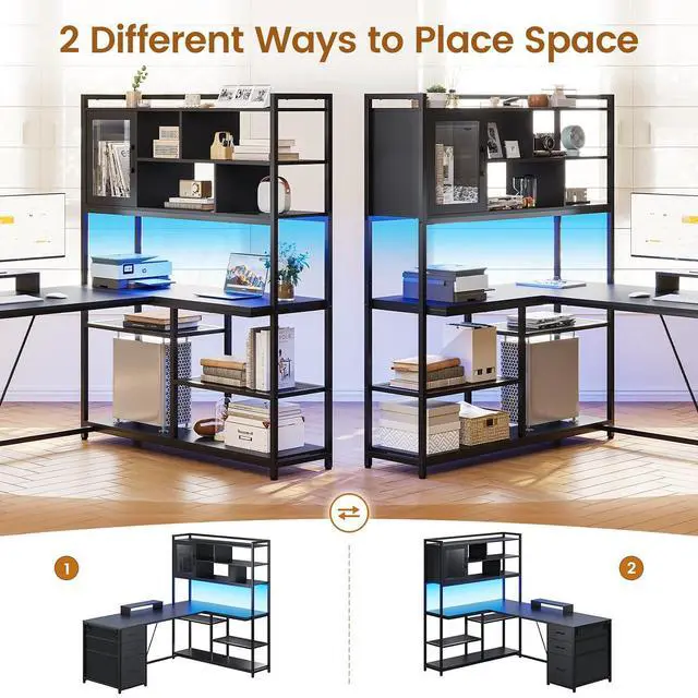 Alt view image 4 of 7 - L Shaped Computer Desk, 58'' Office Desk with 3 Drawers and Bookshelf, L Shaped Corner Desk with Storage Shelves and LED Light for Home Office, Gaming Desk, L Desk, Black