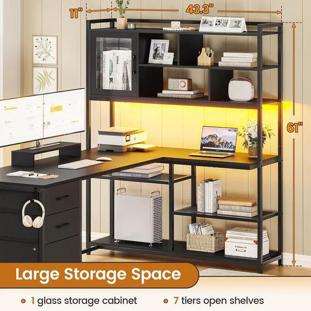 Alt view image 6 of 7 - L Shaped Computer Desk, 58'' Office Desk with 3 Drawers and Bookshelf, L Shaped Corner Desk with Storage Shelves and LED Light for Home Office, Gaming Desk, L Desk, Black