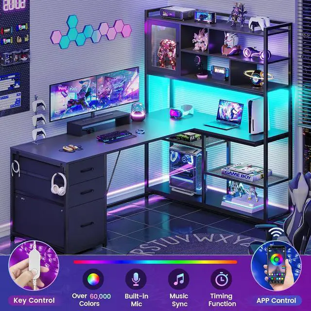 Alt view image 7 of 7 - L Shaped Computer Desk, 58'' Office Desk with 3 Drawers and Bookshelf, L Shaped Corner Desk with Storage Shelves and LED Light for Home Office, Gaming Desk, L Desk, Black