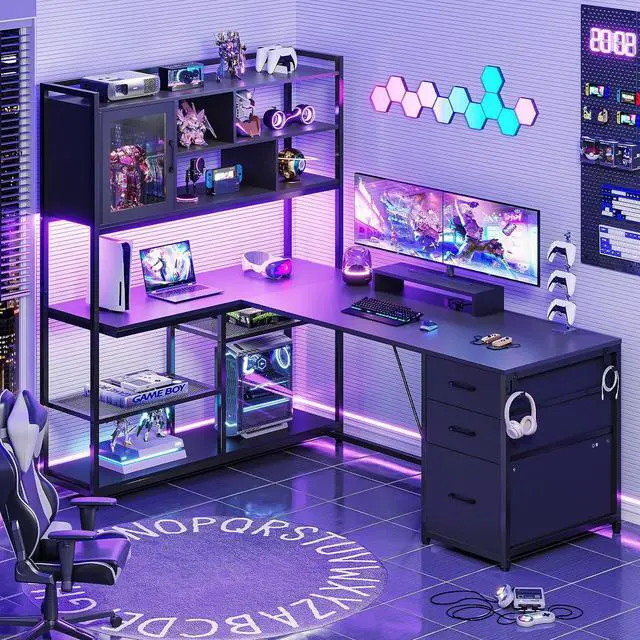 Alt view image 3 of 7 - L Shaped Computer Desk, 58'' Office Desk with 3 Drawers and Bookshelf, L Shaped Corner Desk with Storage Shelves and LED Light for Home Office, Gaming Desk, L Desk, Black