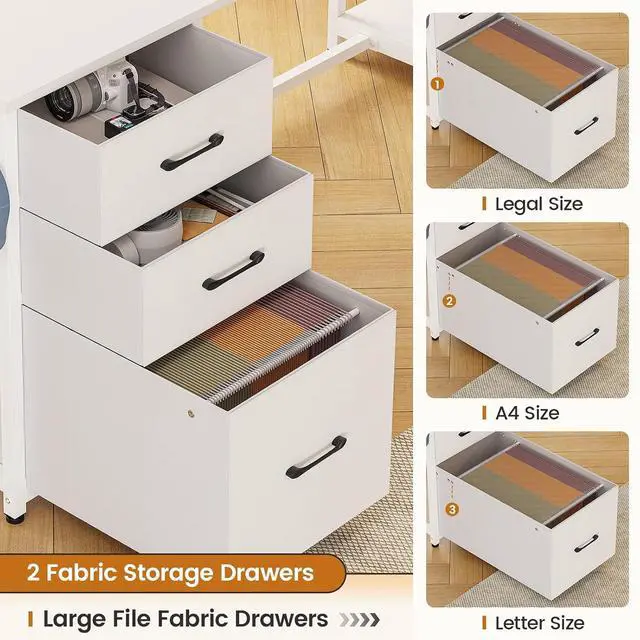 Alt view image 3 of 7 - L Shaped Computer Desk, 58'' Office Desk with 3 Drawers and Bookshelf, L Shaped Corner Desk with Storage Shelves and LED Light for Home Office, Gaming Desk, L Desk, White