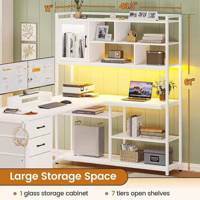 Alt view image 2 of 7 - L Shaped Computer Desk, 58'' Office Desk with 3 Drawers and Bookshelf, L Shaped Corner Desk with Storage Shelves and LED Light for Home Office, Gaming Desk, L Desk, White