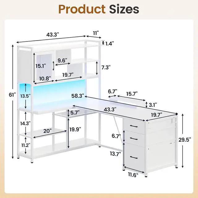 Alt view image 6 of 7 - L Shaped Computer Desk, 58'' Office Desk with 3 Drawers and Bookshelf, L Shaped Corner Desk with Storage Shelves and LED Light for Home Office, Gaming Desk, L Desk, White