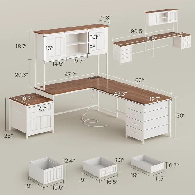 Alt view image 2 of 7 - Farmhouse L Shaped Office Desk with 6 Drawer, Reversible Computer Desk with Power Outlet, Hutch for Home Office/Two Person, Corner Desk with File Drawer & Printer Storage Shelves, White