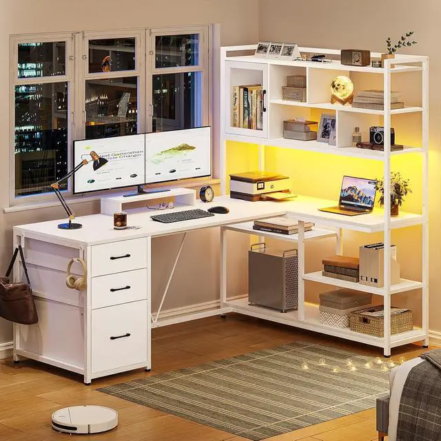 Alt view image 7 of 7 - L Shaped Computer Desk, 58'' Office Desk with 3 Drawers and Bookshelf, L Shaped Corner Desk with Storage Shelves and LED Light for Home Office, Gaming Desk, L Desk, White