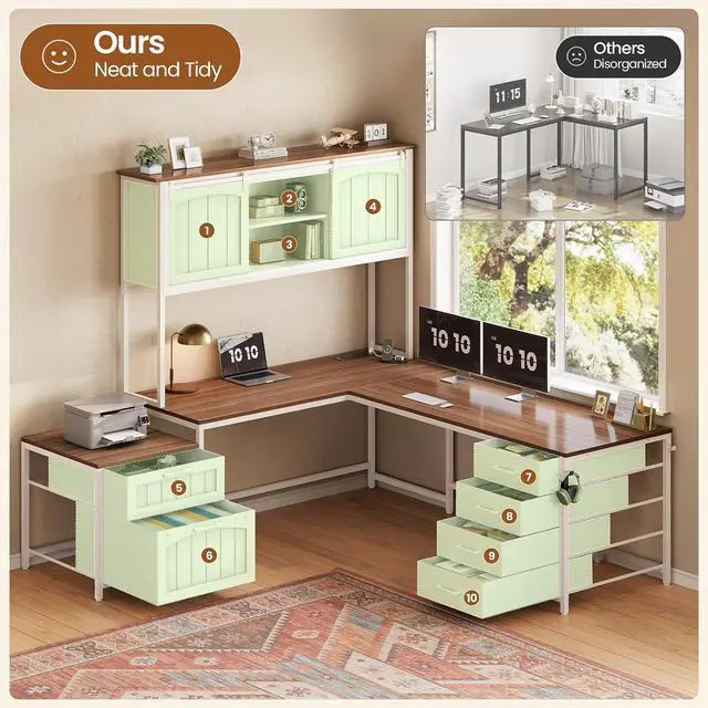 Alt view image 3 of 7 - Farmhouse L Shaped Office Desk with 6 Drawer, Reversible Computer Desk with Power Outlet, Hutch for Home Office/Two Person, Corner Desk with File Drawer & Printer Storage Shelves, White