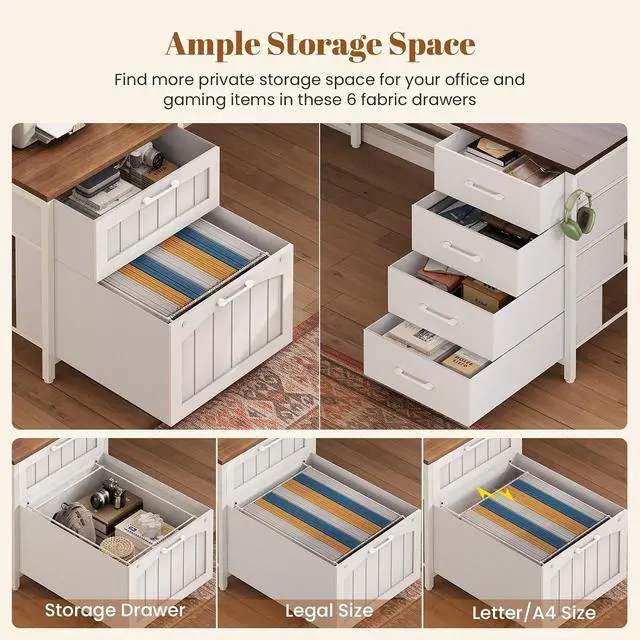 Alt view image 4 of 7 - Farmhouse L Shaped Office Desk with 6 Drawer, Reversible Computer Desk with Power Outlet, Hutch for Home Office/Two Person, Corner Desk with File Drawer & Printer Storage Shelves, White