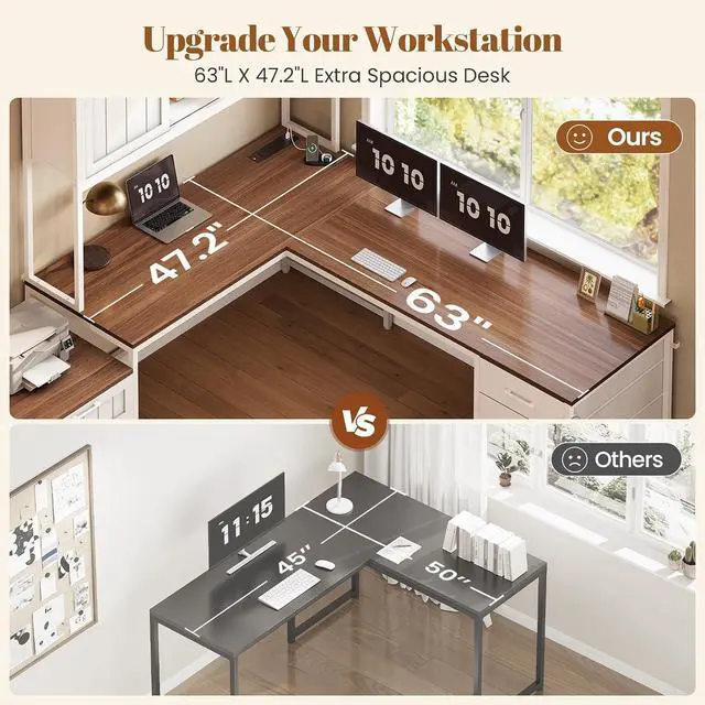Alt view image 7 of 7 - Farmhouse L Shaped Office Desk with 6 Drawer, Reversible Computer Desk with Power Outlet, Hutch for Home Office/Two Person, Corner Desk with File Drawer & Printer Storage Shelves, White