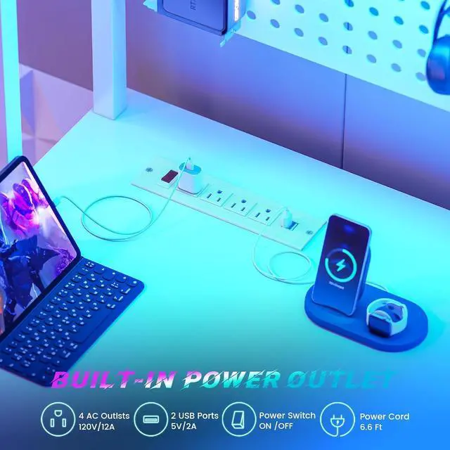 Alt view image 7 of 7 - White L Shaped Gaming Desk, Reversible Corner With Power Outlet and Pegboard, Hutch, Storage Shelf, Keyboard Tray, and LED Lights for Home Office