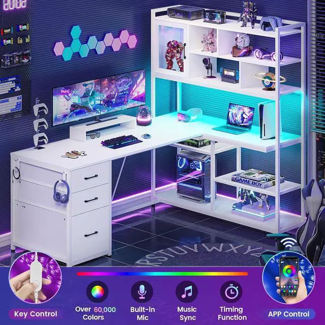 Alt view image 4 of 7 - L Shaped Computer Desk, 58'' Office Desk with 3 Drawers and Bookshelf, L Shaped Corner Desk with Storage Shelves and LED Light for Home Office, Gaming Desk, L Desk, White