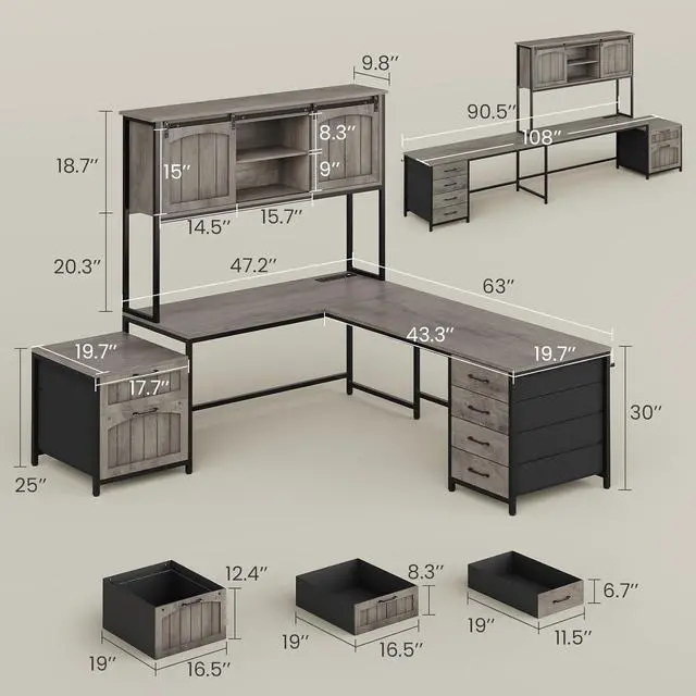 Alt view image 3 of 7 - Farmhouse L Shaped Office Desk with 6 Drawer, Reversible Computer Desk with Power Outlet, Hutch for Home Office/Two Person, Corner Desk with File Drawer & Printer Storage Shelves, Grey