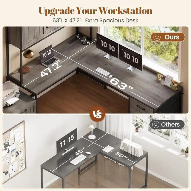 Alt view image 6 of 7 - Farmhouse L Shaped Office Desk with 6 Drawer, Reversible Computer Desk with Power Outlet, Hutch for Home Office/Two Person, Corner Desk with File Drawer & Printer Storage Shelves, Grey