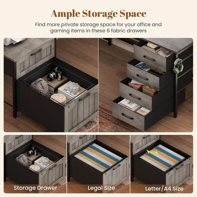 Alt view image 7 of 7 - Farmhouse L Shaped Office Desk with 6 Drawer, Reversible Computer Desk with Power Outlet, Hutch for Home Office/Two Person, Corner Desk with File Drawer & Printer Storage Shelves, Grey