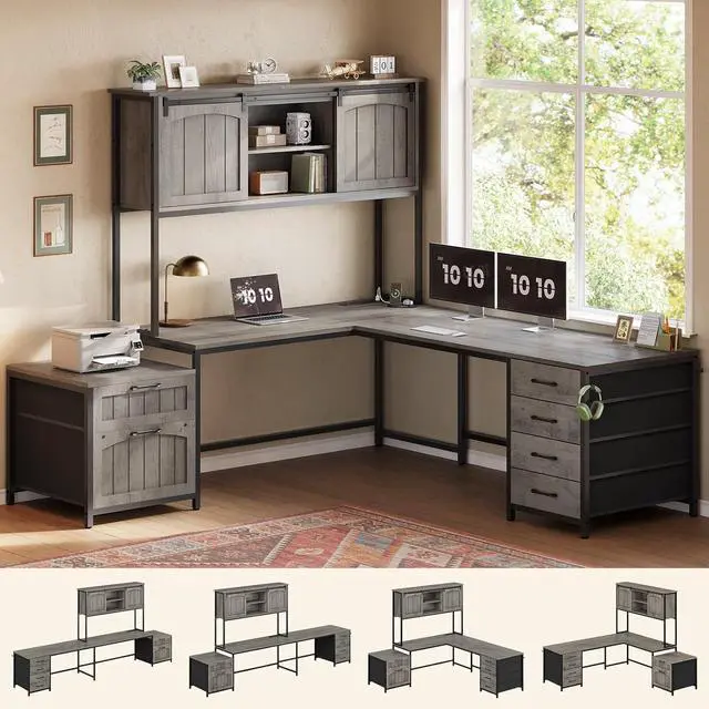 Main image of Farmhouse L Shaped Office Desk with 6 Drawer, Reversible Computer Desk with Power Outlet, Hutch for Home Office/Two Person, Corner Desk with File Drawer & Printer Storage Shelves, Grey