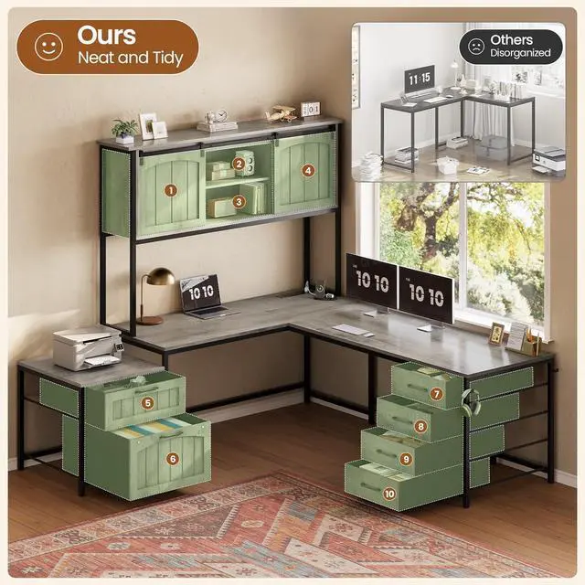 Alt view image 2 of 7 - Farmhouse L Shaped Office Desk with 6 Drawer, Reversible Computer Desk with Power Outlet, Hutch for Home Office/Two Person, Corner Desk with File Drawer & Printer Storage Shelves, Grey