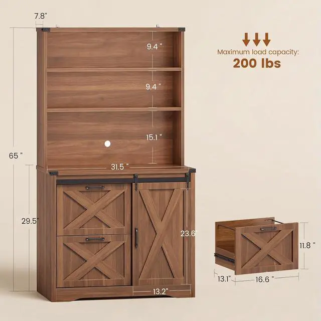 Alt view image 2 of 7 - 2 Drawer File Cabinet, Farmhouse Filing Cabinet for Home Office fits Legal/Letter/A4 File, Office File Cabinets with Printer Stand, Sliding Bar Door and Storage Bookshelf, Walnut