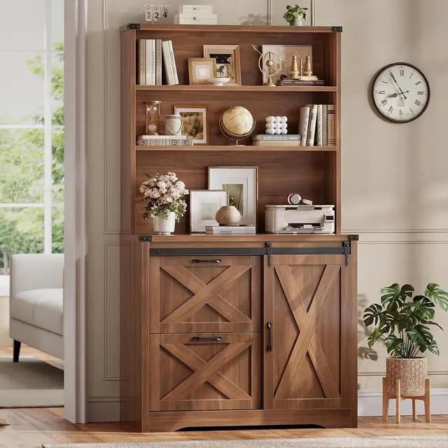 Main image of 2 Drawer File Cabinet, Farmhouse Filing Cabinet for Home Office fits Legal/Letter/A4 File, Office File Cabinets with Printer Stand, Sliding Bar Door and Storage Bookshelf, Walnut