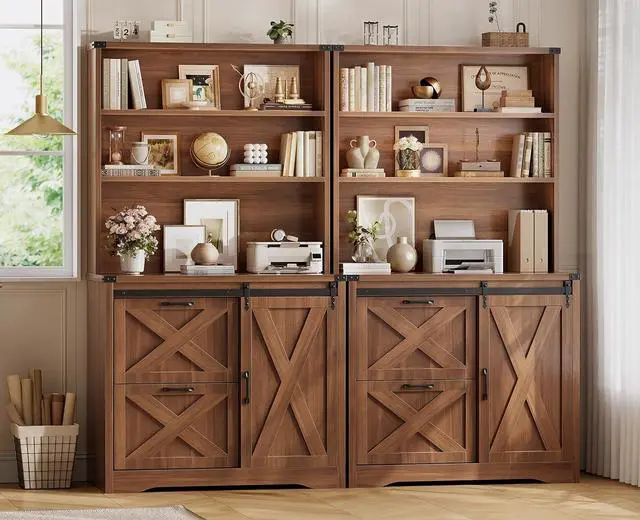 Alt view image 3 of 7 - 2 Drawer File Cabinet, Farmhouse Filing Cabinet for Home Office fits Legal/Letter/A4 File, Office File Cabinets with Printer Stand, Sliding Bar Door and Storage Bookshelf, Walnut