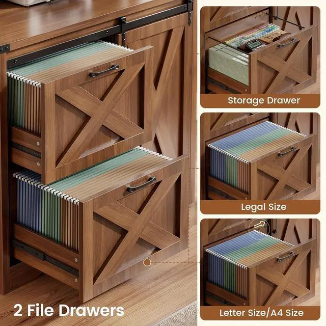 Alt view image 4 of 7 - 2 Drawer File Cabinet, Farmhouse Filing Cabinet for Home Office fits Legal/Letter/A4 File, Office File Cabinets with Printer Stand, Sliding Bar Door and Storage Bookshelf, Walnut