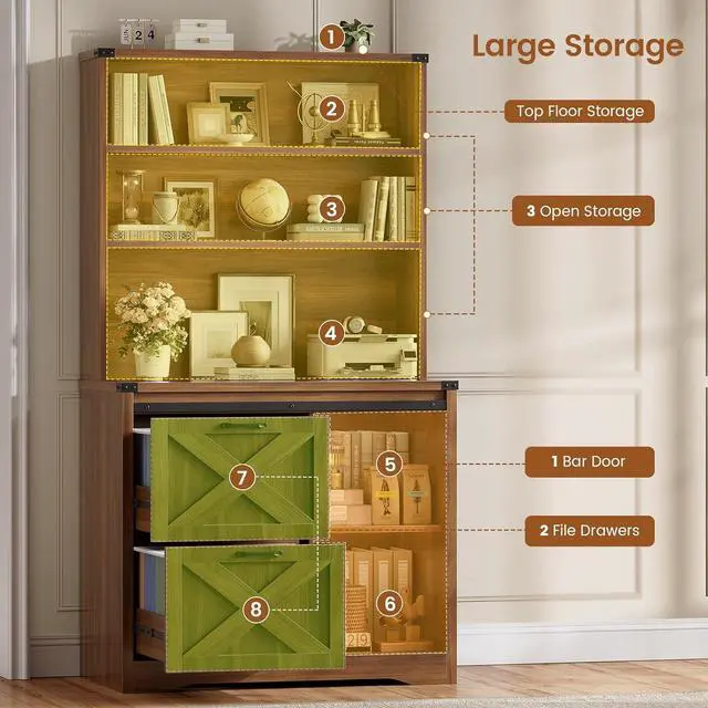 Alt view image 5 of 7 - 2 Drawer File Cabinet, Farmhouse Filing Cabinet for Home Office fits Legal/Letter/A4 File, Office File Cabinets with Printer Stand, Sliding Bar Door and Storage Bookshelf, Walnut