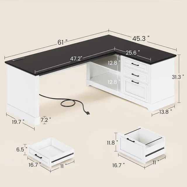 Alt view image 2 of 7 - Farmhouse 61" Executive L Shaped Desk, Home Office Desk with File Drawers, Computer Desk with Power Outlets and Storage Shelves for Home Office, White