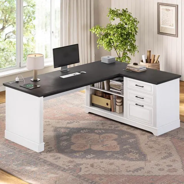 Main image of Farmhouse 61" Executive L Shaped Desk, Home Office Desk with File Drawers, Computer Desk with Power Outlets and Storage Shelves for Home Office, White